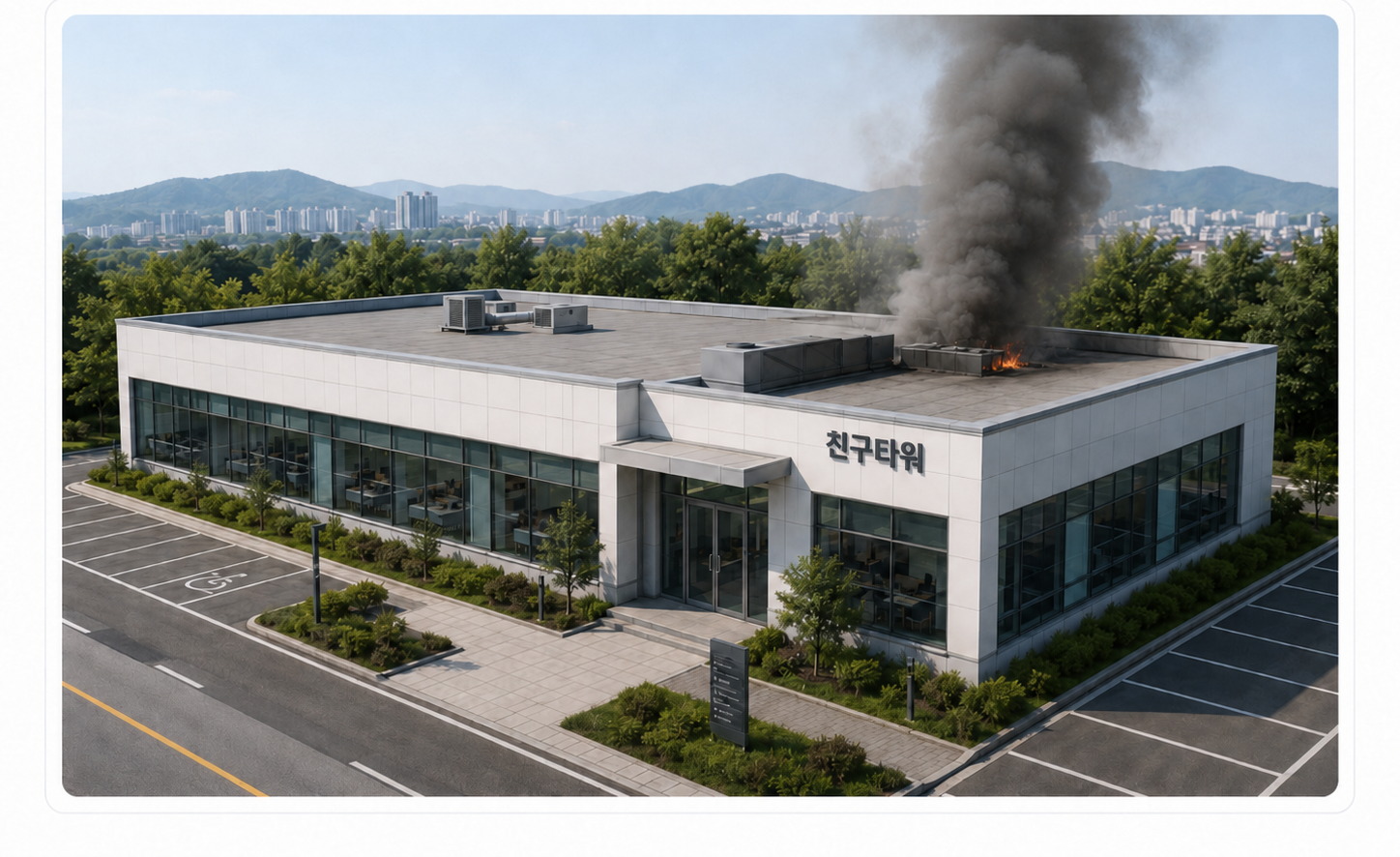 화재 연기가 발생한 건물 외관 일러스트